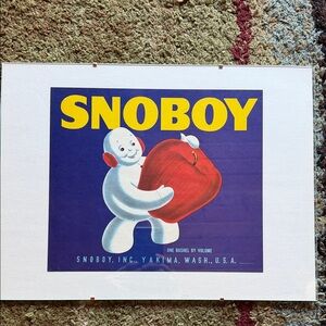 Snoboy Inc. Apple fruit crate label framed vintage 12x16 snowman kitchen decor